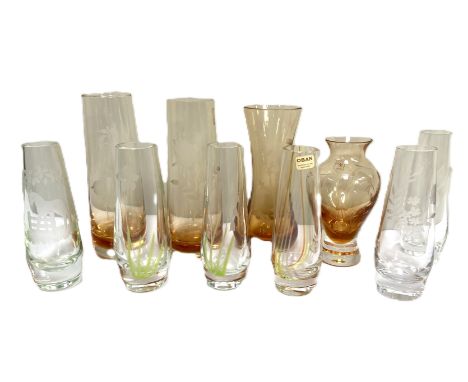 CAITHNESS GLASS: A selection of art vases, including four smoke orange, etched with various flowers,   and also six Oban art 
