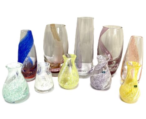 CAITHNESS GLASS: Eight assorted art glass vases, including two similar ovoid vases, one etched with a smiling cat,  and six o