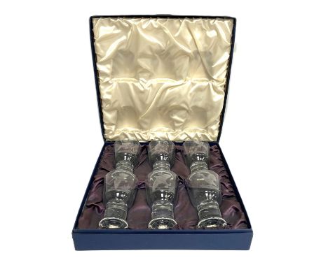 CAITHNESS GLASS: A fine presentation set of six glass whisky glasses, each engraved with a Sporting Bird, by Anne Robertson, 