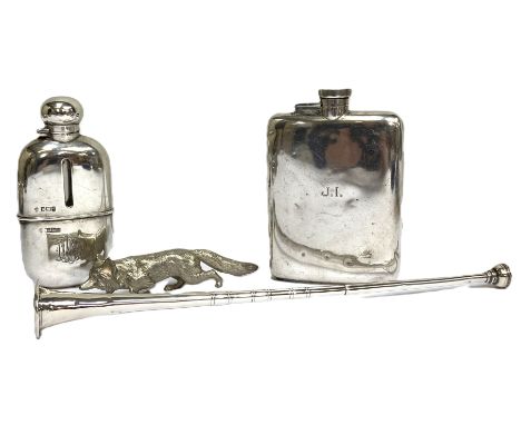 A group of hunting related silver, including an Edwardian silver horn, hallmarked Chester 1908,  of slender tapered form, 30c