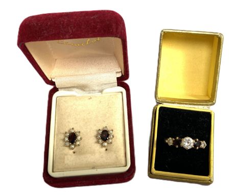 A five stone 9 carat gold ring, together with a pair of ruby ear studs, 20th century,  the five stone ring, hallmarked 9ct go