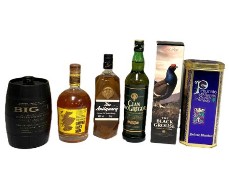 WHISKY: Six assorted Blended Scotch Whiskies, including BIG ‘T’, Tomatin,  in synthetic leather barrel enclosure; also Pinwhi
