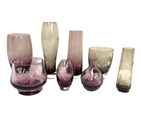 CAITHNESS GLASS: Eight selected art glass vases, including five with amethyst smoked glass,  decorated with Thistles, Roses a