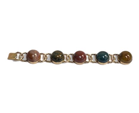 A vintage Scottish Polished Agate Cabochon set chain link bracelet, early 20th century,  set with five varied coloured polish