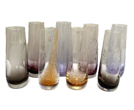 CAITHNESS GLASS: A set of eight art glass tapered vases, etched with birds, ships and other similar designs,  including a Nig