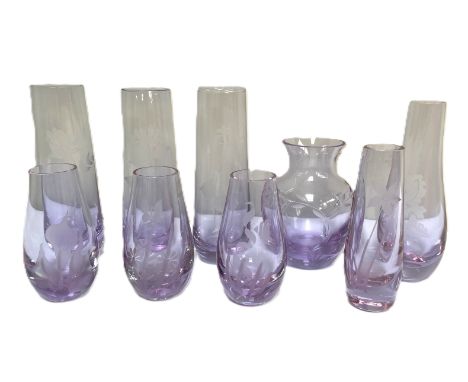 CAITHNESS GLASS: Nine assorted light purple art vases, including a waisted vase decorated with cherries,  also similar exampl