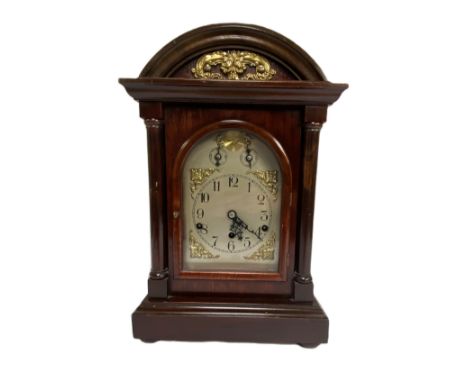 A Georgian style chiming bracket clock, German movement, mid 20th century,  In an architectural moulded case with applied bra