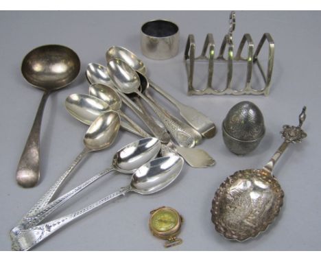 A mixed collection of English and continental silver and white metal spoons to include tea spoons, souvenir spoons, ladles, e