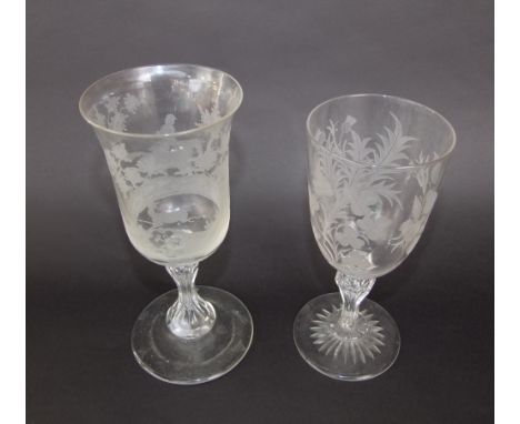 Two etched glasses, one with thistle, rose and shamrock, the other a stag hunting scene