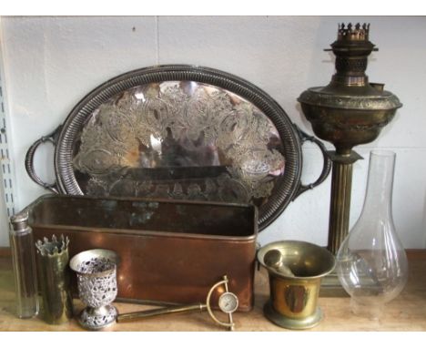 A Victorian brass column oil lamp with trailing floral detail, oval etched serving tray, brass trough, pestle and mortar, sil