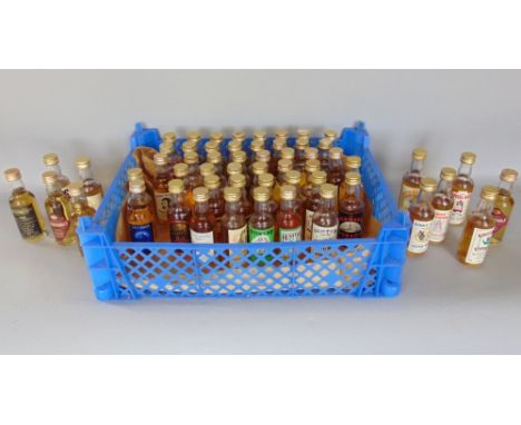 A collection of 54 bottles of whiskey miniatures, mainly scotch to include Nessie's Dram, Crabs Nip, Glen Garry, etc, all wit