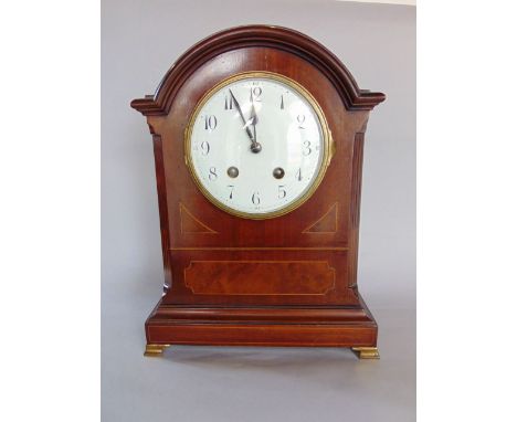 Early 20th century mahogany lancet bracket type clock, the two train 13cm dial with Arabic numerals, striking on a gong, 34cm