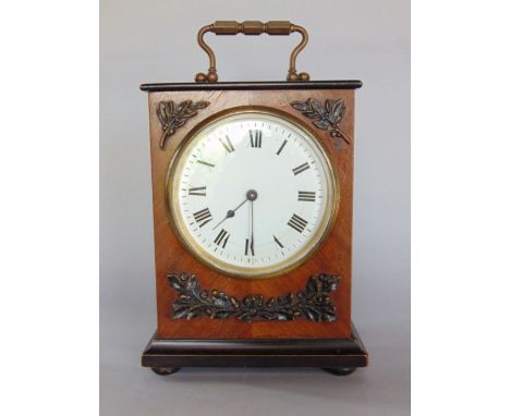 Continental fruit wood and king wood shelf clock with applied oak leaf and acorn decoration, with 8cm enamelled dial, 17cm hi