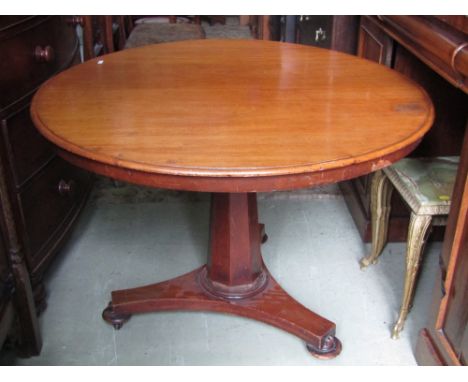 A Victorian mahogany loo table of circular form with moulded outline raised on an inverted octagonal pillar, shaped tricorn p