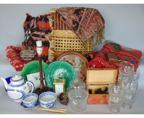 A mixed lot to include textiles, ceramics, glass, together with a Leitz light meter, a  carriage clock and table lamps