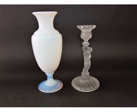 Sevres vaseline type lustred glass baluster vase, 26 cm high, together with a further frosted glass candlestick in the form o