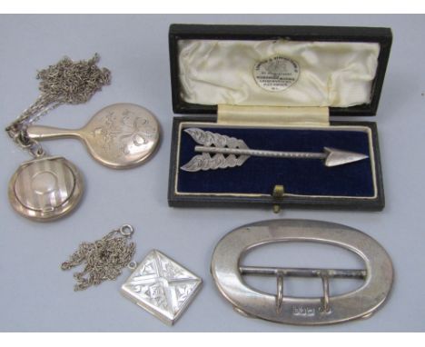 Mixed collection of bijouterie silver to include engine turned silver compact, miniature silver dressing brush upon a silver 