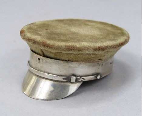 Early 20th century silver novelty pin cushion in the form of a military cap/hat, maker Adie and Lovekin Ltd, Birmingham 1914,