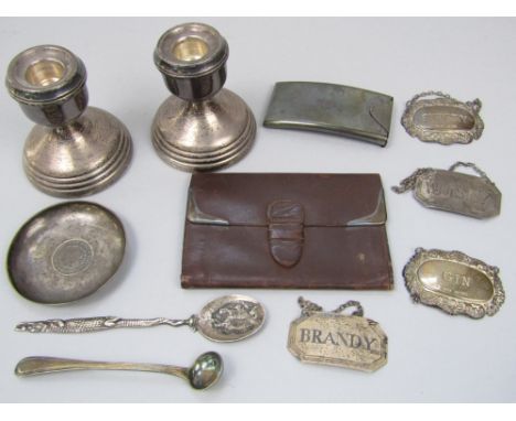 Mixed collection of silver and white metal to include pair of dwarf candlesticks, hip shaped card case, Chinese silver dish f