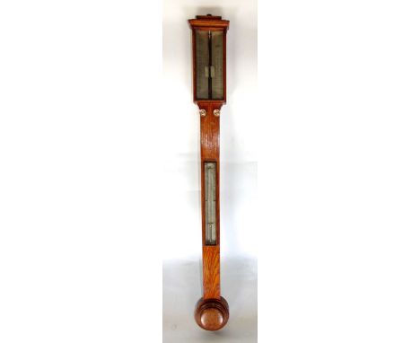 J H Steward oak case mercurial stick thermometer barometer, 92cm high