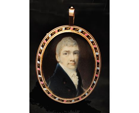 19th century school - miniature bust portrait of a gentlemen with a ruffled collar, with lock of hair and beaded monogram ver