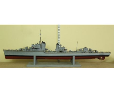 A model of a frigate in camouflage colours, 120cm long