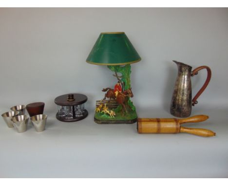 A mixed miscellaneous lot to include a treen squeezer, a carved wooden table lamp in the form of a hunting scene, a modernist