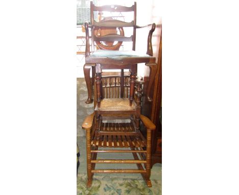 A 19th century mahogany ladderback elbow chair on shaped forelegs, a contemporary rocking chair with stick back and slat seat