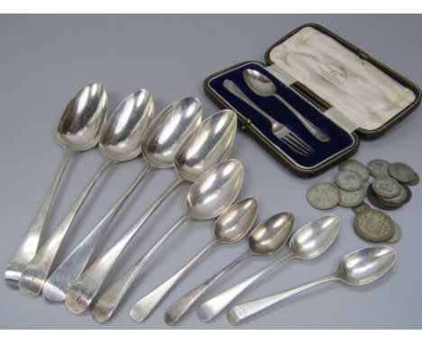 Four George III silver old English tablespoons together with four silver teaspoons, cased silver spoon and fork set, 11 oz ap