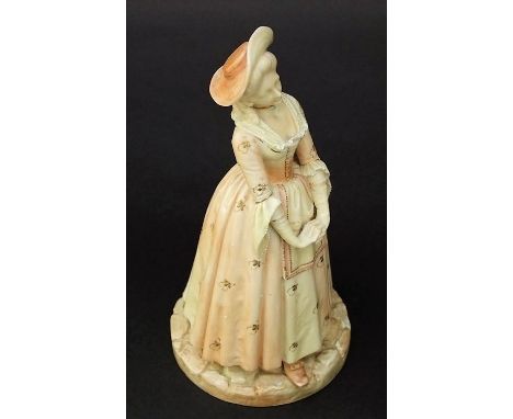 A Royal Worcester figure of a young woman in 18th century style costume with hands clasped and wearing a choker, with predomi
