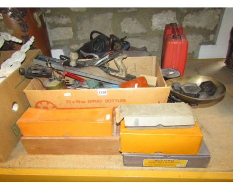 A comprehensive collection of workshop tools including a Stanley number 5.5 smoothing plane, Stanley 50 219 mm plane (boxed),