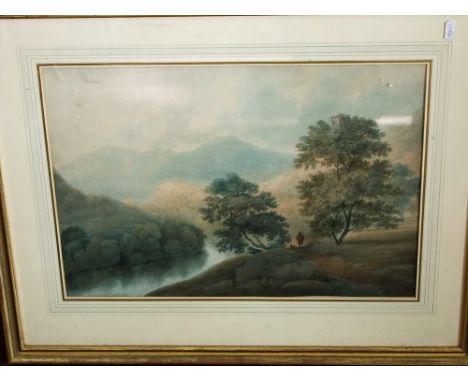 A 19th century English school watercolour of a figure walking with his dog in a mountainous landscape with Carlton Gallery la