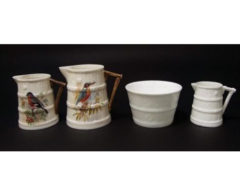 Two graduated Royal Worcester jugs of coopered form with painted kingfisher detail, the other with bullfinch, both signed H P