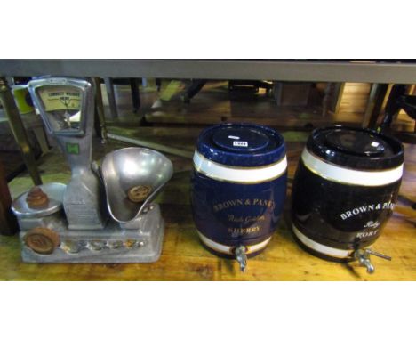 A set of vintage balance scales by Vandome & Hart with weights from 1lb to one quarter ounce together with two ceramic barrel