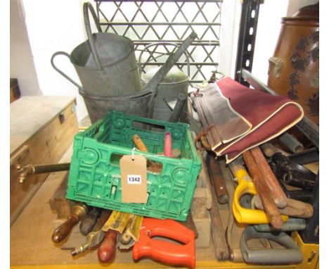 A collection of galvanised iron watering cans, buckets, hand tools, brass garden sprays, etc