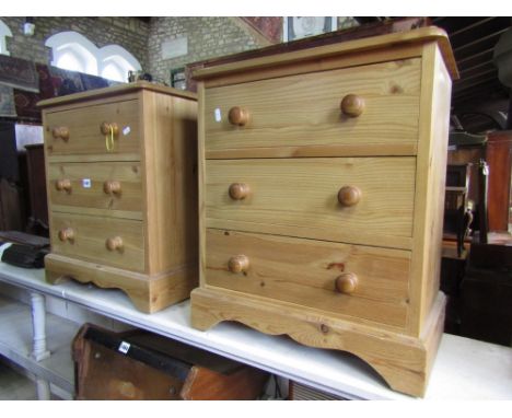 A pair of pine bedside/lamp tables, each enclosing three frieze drawers, shaped plinth, 50 cm wide