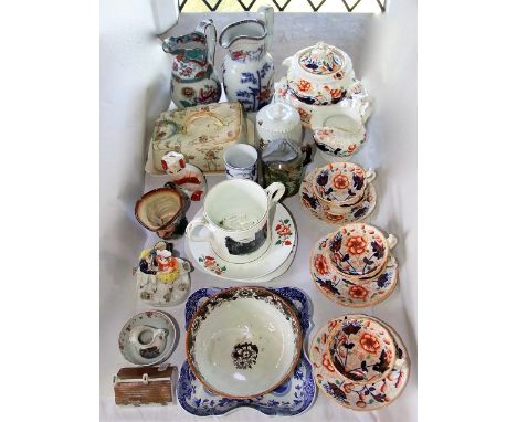 A collection of 19th century gaudy teawares comprising sucrier and cover, cake plate, milk jug, five cups and four saucers, t