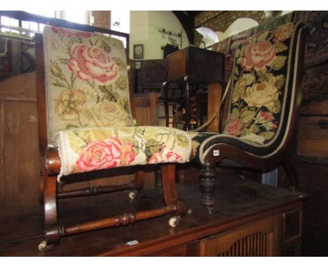 A Victorian mahogany nursing chair with down swept and scrolled frame and floral tapestry upholstered seat raised on turned f