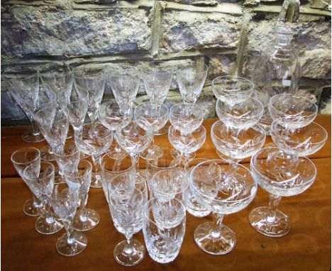 Attractive collection of glass sets etched with fern leaves to include decanter, sundaes, flutes, sherries, glasses, etc