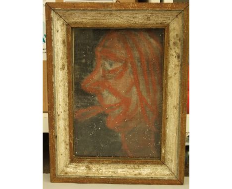 An unusual painting on fabric, profile portrait of a man smoking a cigar, indistinct inscription verso, 23 x 15cm, together w