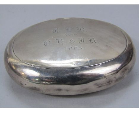 Edwardian silver oval snuff box, maker S I Ltd, London 1902, 9cm long, 2.5oz approx