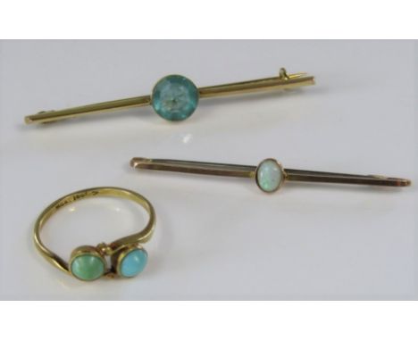 An 18ct turquoise crossover ring in millegrain setting, size S/T, together with two bar brooches to include a 9ct opal exampl