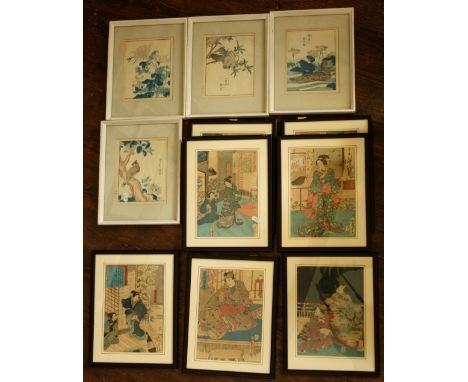 Four oriental wood block prints of birds amongst foliage 20 x 15 cm together with seven further Japanese coloured prints on t