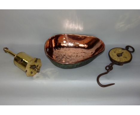 A Salter Spring Balance Class III Scales, with copper tray and vast collection of weights, together with a further brass spit