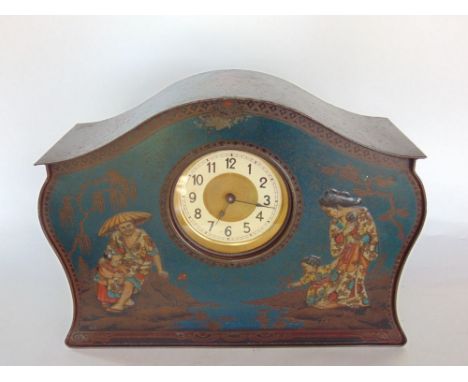 An Interesting Victory V Gums and Lozenges tin in the form of a chinoiserie mantle clock, fitted with a French clock movement