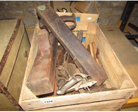 A mixed collection of old/vintage workshop tools including box, moulding and other planes, drill, brass three branch electrol