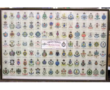 An early 20th century coloured print showing the crests and badges of the British Army, published by Gale & Polden Ltd, 55 x 