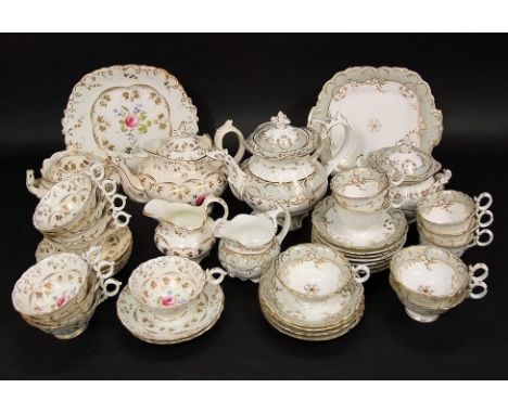 A collection of mid-19th century teawares with grey and gilt decoration comprising tea pot, covered sucrier, milk jug, cake p