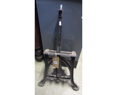 A Victorian cast iron three sectional bench frame with well detailed geometric supporting swing arms enabling the back to mov