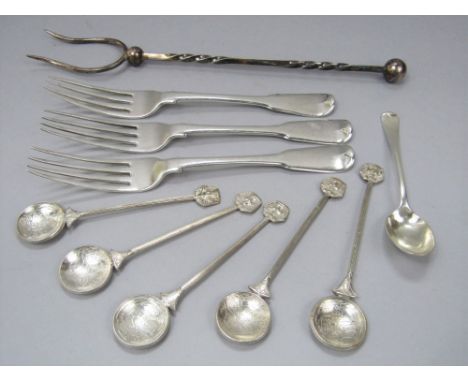 A mixed collection of various silver and white metal to include three Georgian fiddle pattern dessert forks, silver teaspoon,